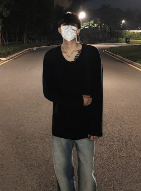 黑沧社/慵懒风圆领内搭长袖低领打底衫男高级感松弛感纯色垂感T恤