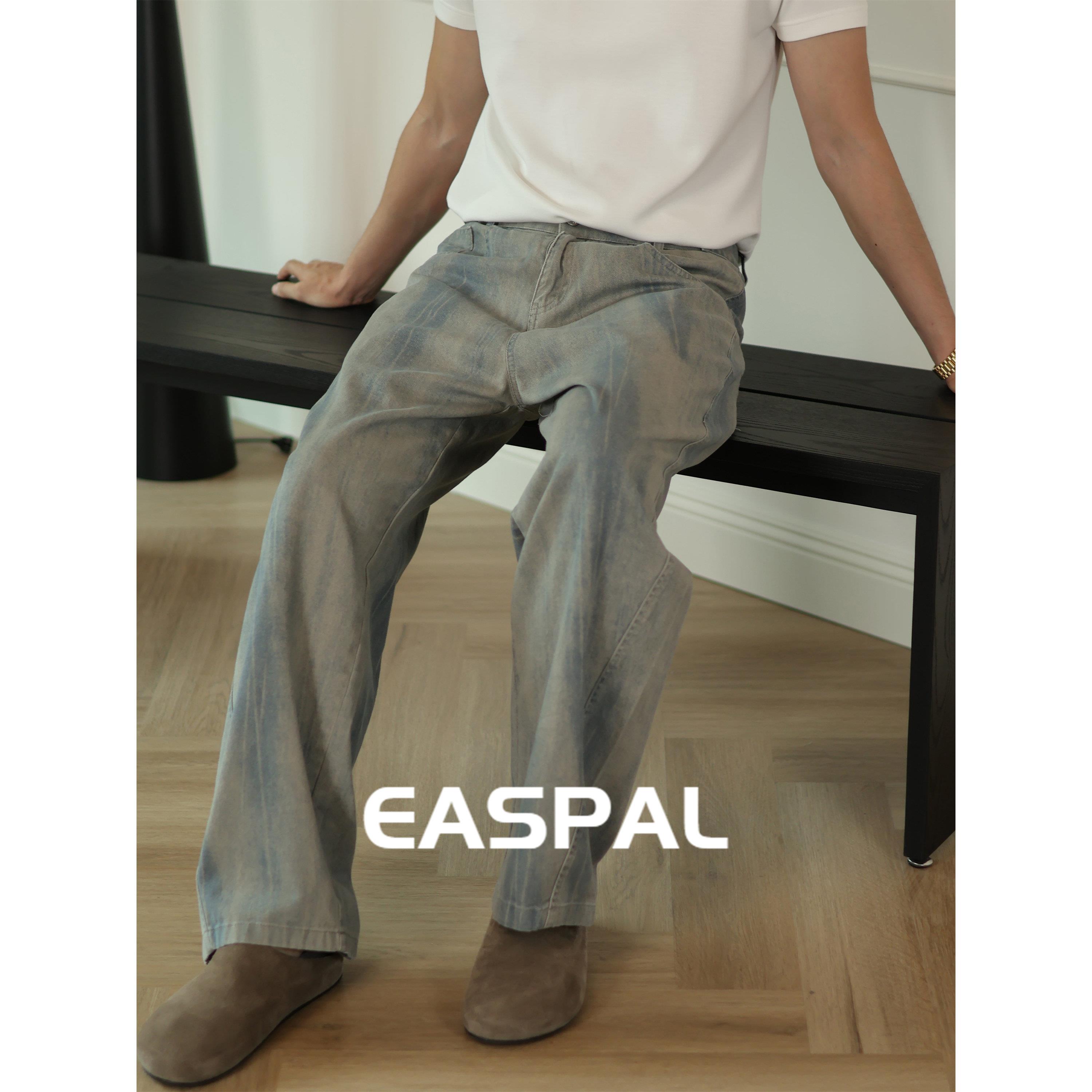 EASPAL 280g双斜印花直筒牛仔裤宽松休闲复古长裤男薄款裤子春夏