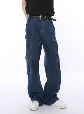 Voguo Relay 韩版多口袋工装深蓝牛仔裤宽松阔腿直筒裤子男女情侣