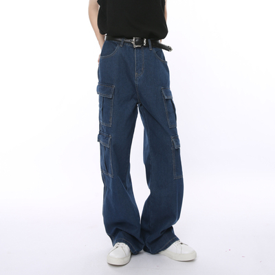 Voguo Relay 韩版多口袋工装深蓝牛仔裤宽松阔腿直筒裤子男女情侣