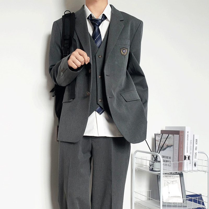 木村叔dk原创日系灰色西服男学生百搭长款西装jk制服马甲西裤套装