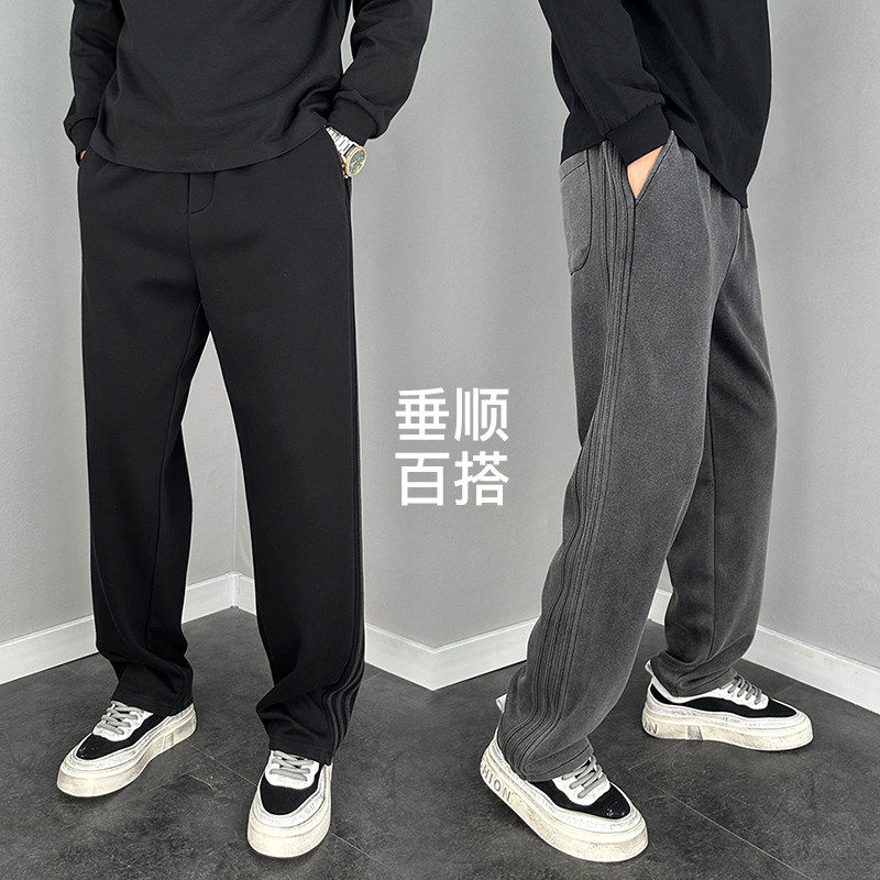 男士灰色条纹直筒休闲长