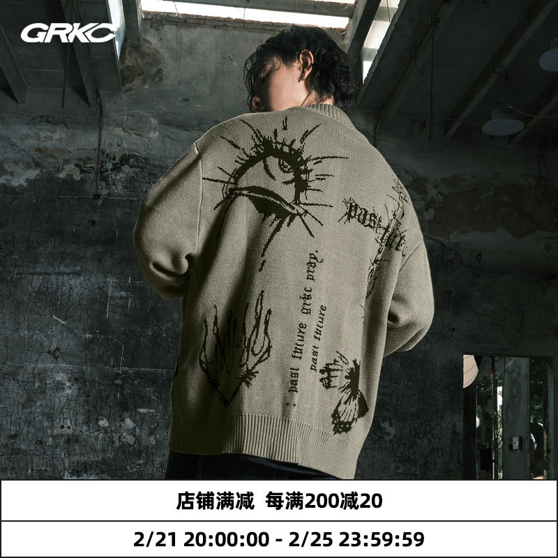 GRKC吉尔卡克达芬奇手稿开衫毛衣外套男潮牌情侣针织衫秋冬毛线衣