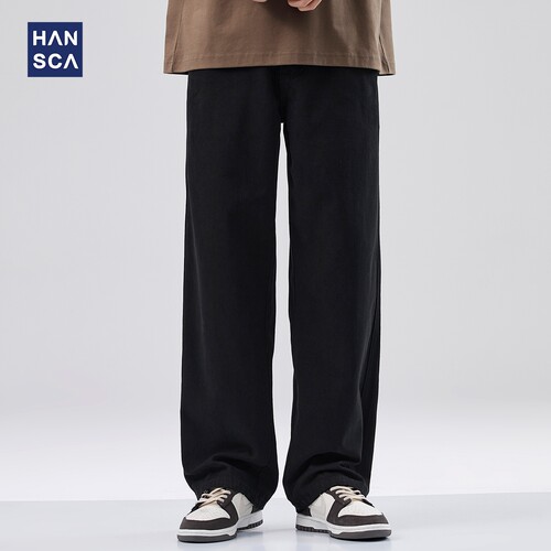 hansca黑色复古弹力牛仔裤男2026春夏薄款美式水洗宽松直筒休闲裤