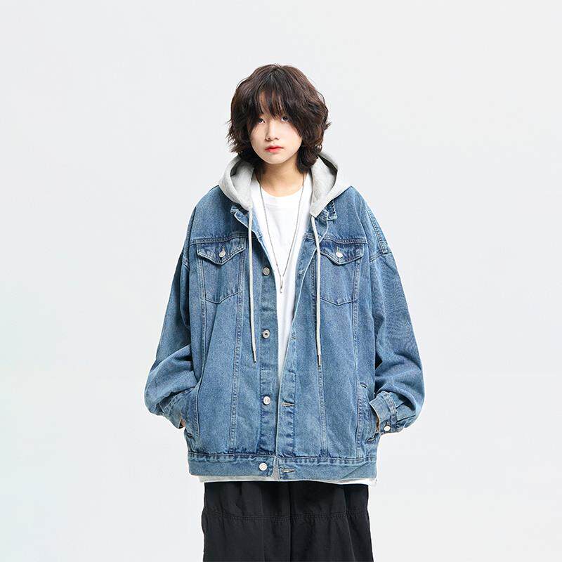 阿于呆秋冬日系假两件水洗连帽牛仔外套男宽松休闲情侣工装夹克女