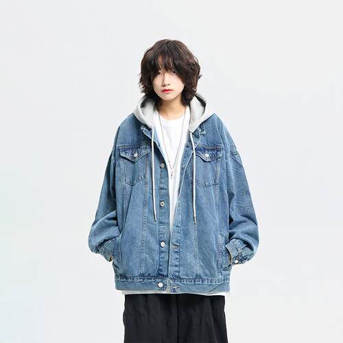 阿于呆秋冬日系假两件水洗连帽牛仔外套男宽松休闲情侣工装夹克女