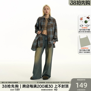 TGNS潮牌美式复古磨毛格子衬衫男女春季宽松长袖衬衣情侣上衣外套