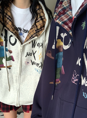 GTGA美式撞色格子连帽开衫卫衣加绒男女2026春季oversize情侣外套