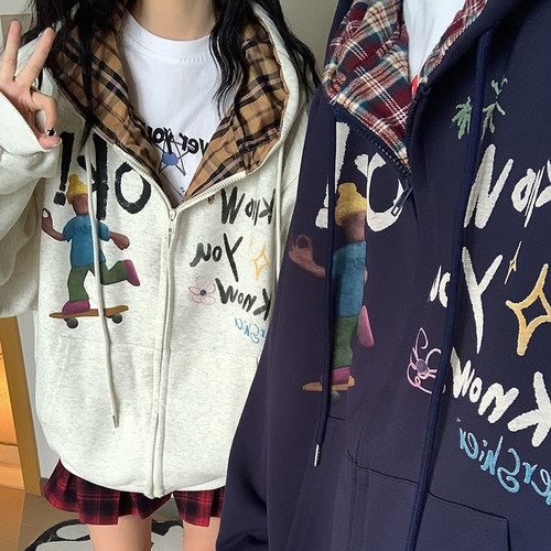 GTGA美式撞色格子连帽开衫卫衣加绒男女2026春季oversize情侣外套