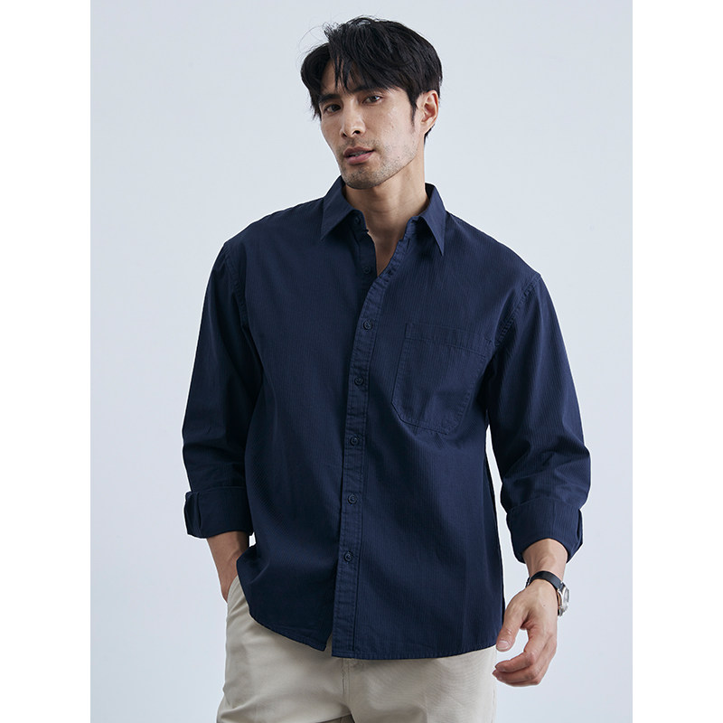 复古痞帅藏青纯棉条纹衬衫男高级感商务长袖黑色休闲全棉衬衣上衣
