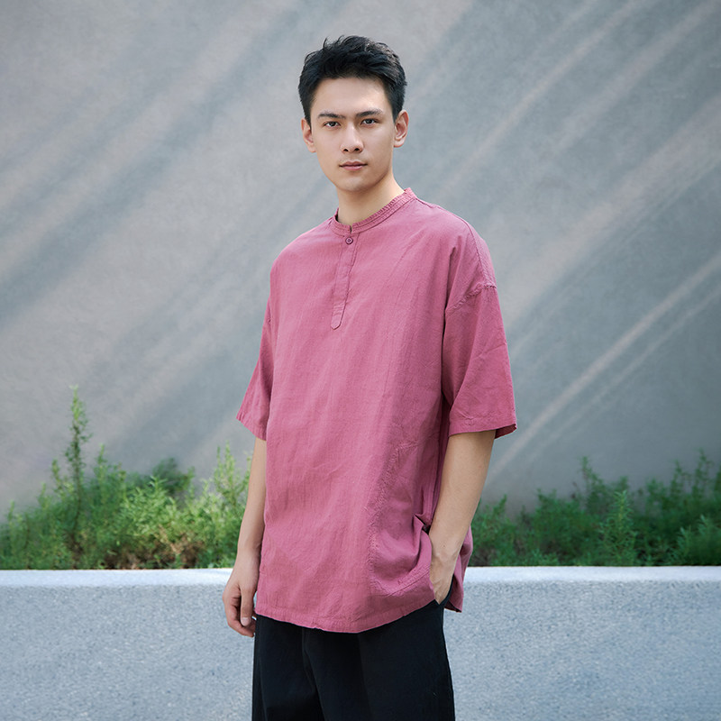 【照本堂男装】夏季新款棉麻面料30支立领盘扣短袖套头衫M12743