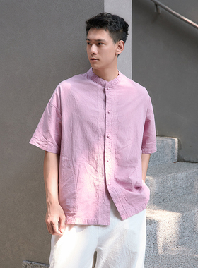 【照本堂】2025夏季新款棉麻男装20支立领盘扣短袖休闲衬衫M12729