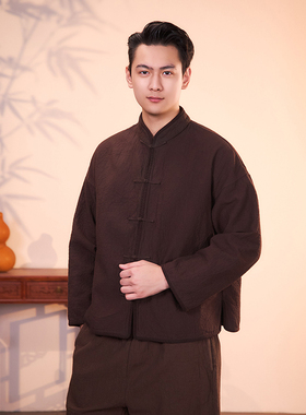 【照本堂】2026春季新款棉麻男装新中式双层立领盘扣上衣M12894