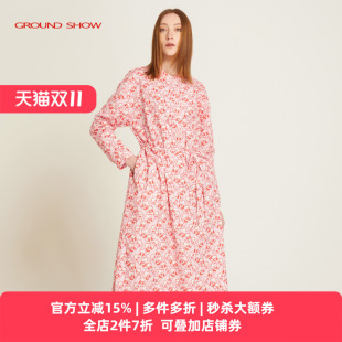 100%棉 A字裙碎花衬衫 阁兰秀2025秋季 印花连衣裙立领长袖 裙 新款