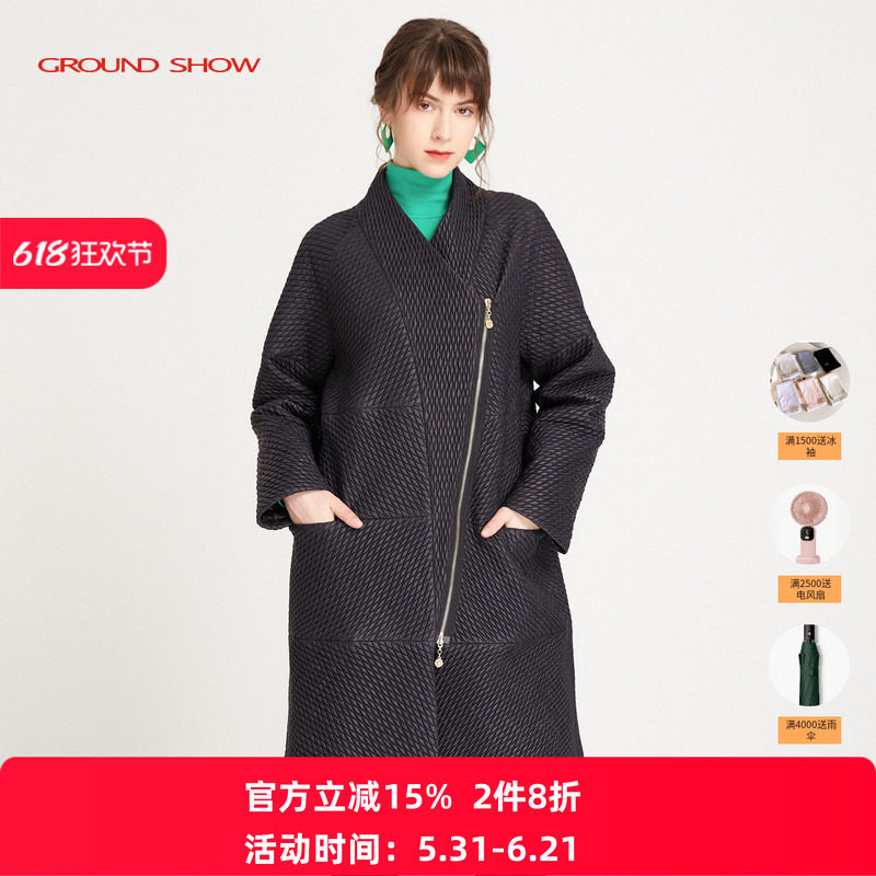 【商场同款】阁兰秀2025年秋新品黑色V领偏门襟长款棉衣质感女装