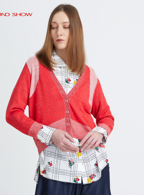 Ground Show/阁兰秀提花针织开衫螺纹下摆低V领九分袖短款小外套