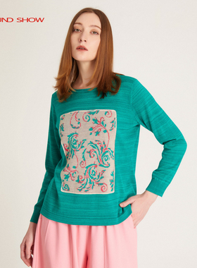 Ground Show/阁兰秀绿色提花针织衫长袖圆领套头衫女2025春季新款