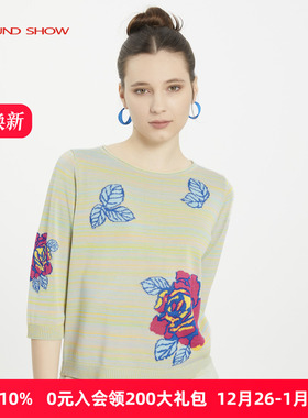 Ground Show/阁兰秀2025春秋新款提花针织衫圆领套头七分袖上衣女