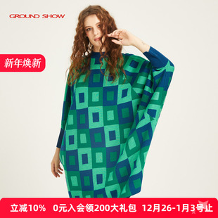 阁兰秀2025秋冬含羊毛提花针织连衣裙女不规则蝙蝠袖 毛衣裙 中长款