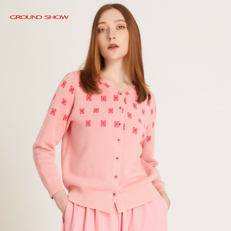 阁兰秀2026春季新品粉色提花长袖针织开衫女减龄短款V领毛衣外套