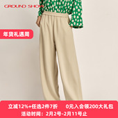 女装 阁兰秀2025年秋季 松紧腰休闲裤 子宽松百搭裤 新品 米驼色阔腿裤