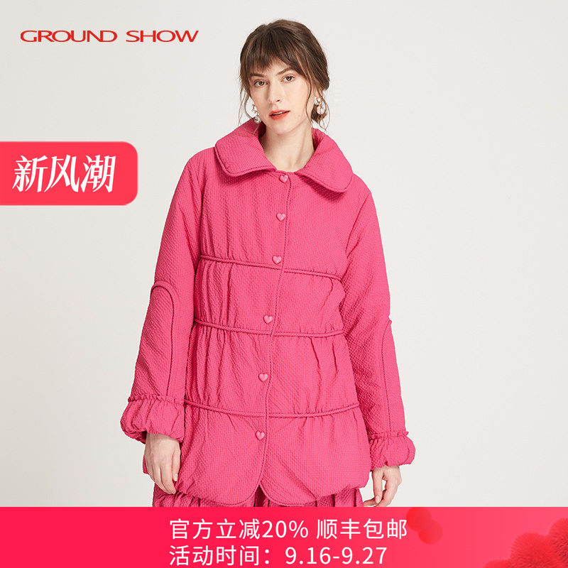 阁兰秀秋冬新品草莓粉小格提花棉衣精致减龄棉服外套商场同款女装