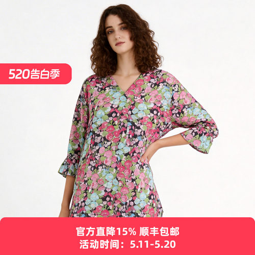 阁兰秀花境漫游全棉印花上衣2026春夏中袖t恤v领喇叭袖宽松女衣