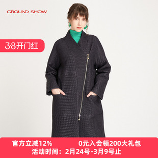 【商场同款】阁兰秀2025年秋新品黑色V领偏门襟长款棉衣质感女装