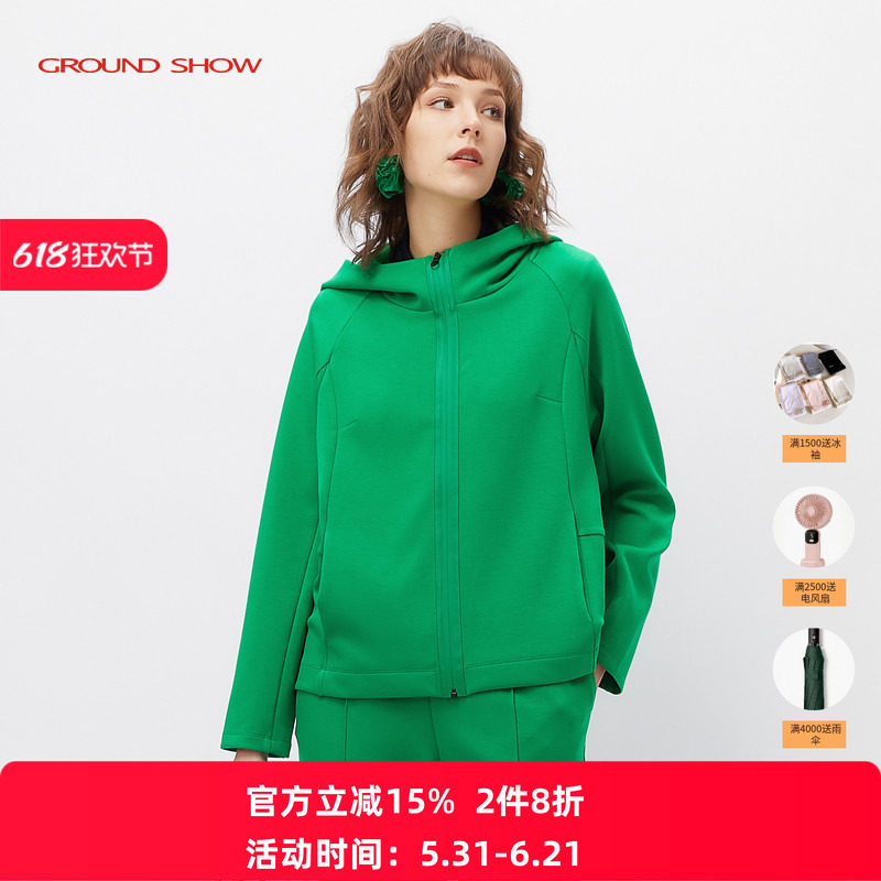阁兰秀2026年春季绿色连帽廓形卫衣女宽松时尚运动休闲风设计外套