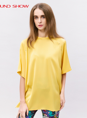 阁兰秀2025年夏季新品琉璃金黄色插肩袖真丝T恤上衣明艳开叉女装