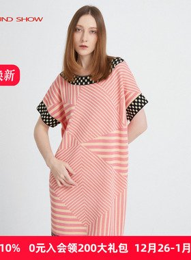 Ground Show/阁兰秀提花针织连衣裙几何条纹短袖套头中长裙夏女装