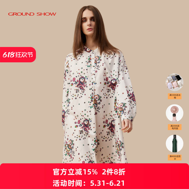 阁兰秀2026年春季新品长袖小立领白色印花纯棉衬衫连衣裙减龄女装