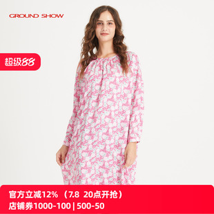 Ground 印花连衣裙翻领宽松显瘦裙子气质减龄 Show 阁兰秀粉色数码