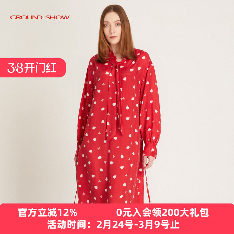 阁兰秀2026年春秋红色波点A字连衣裙女灯笼袖系带中长款浪漫裙子