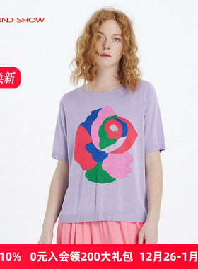 Ground Show/阁兰秀紫色提花针织衫短袖圆领套头上衣女2025夏新款