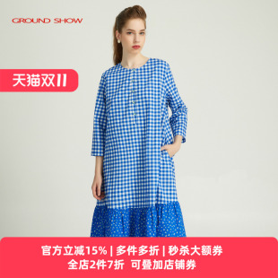 拼接撞色A字碎花裙 阁兰秀蓝色格子连衣裙圆领七分袖 100%棉