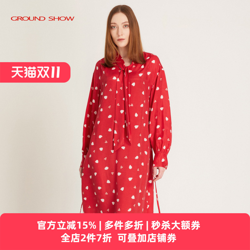 阁兰秀2025年春秋红色波点A字连衣裙女灯笼袖系带中长款浪漫裙子