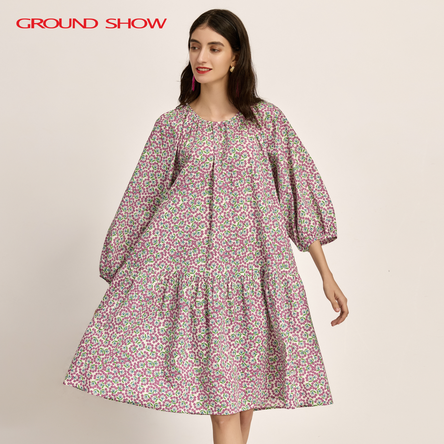 阁兰秀2025年秋季新品粉紫色泡泡袖斜门襟全棉印花连衣裙复古女装