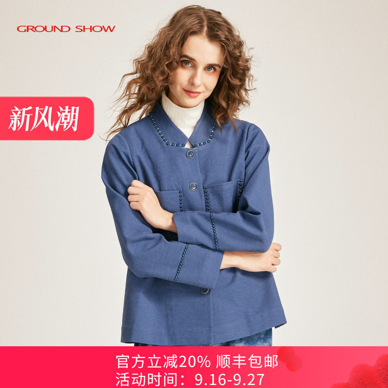 阁兰秀春款藏青色斜纹外套