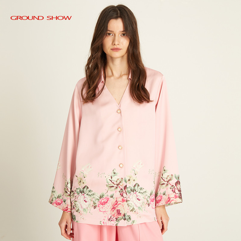 阁兰秀秋高级设计感玫瑰印花大V领衬衫女宽松长袖上衣轻奢风洋气