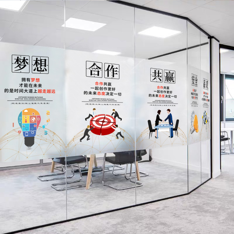 办公室推拉门玻璃贴纸励志文字合作共赢定制公司名称磨砂贴膜防窥