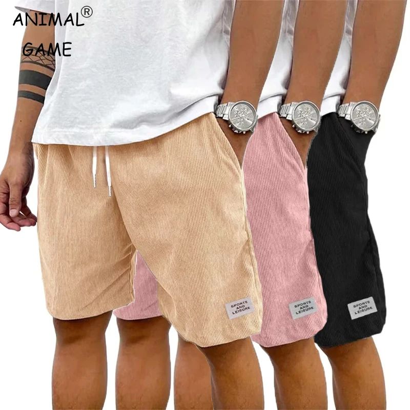 Summer Men's Solid Corduroy Shorts with Drawstring Casual El