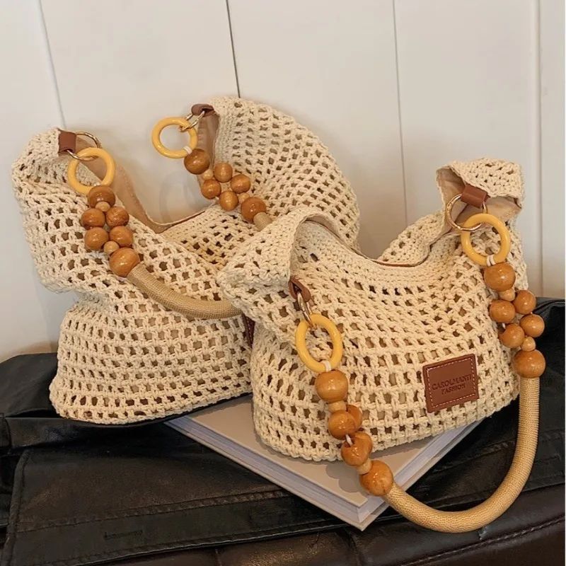 Beach Summer Bag for Women Mesh Woven Shoulder Bag Adjustabl
