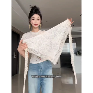 韩式 屁帘杏色腰巾三角巾丝巾搭配头巾 蕾丝花边腰带配饰女配牛仔裤