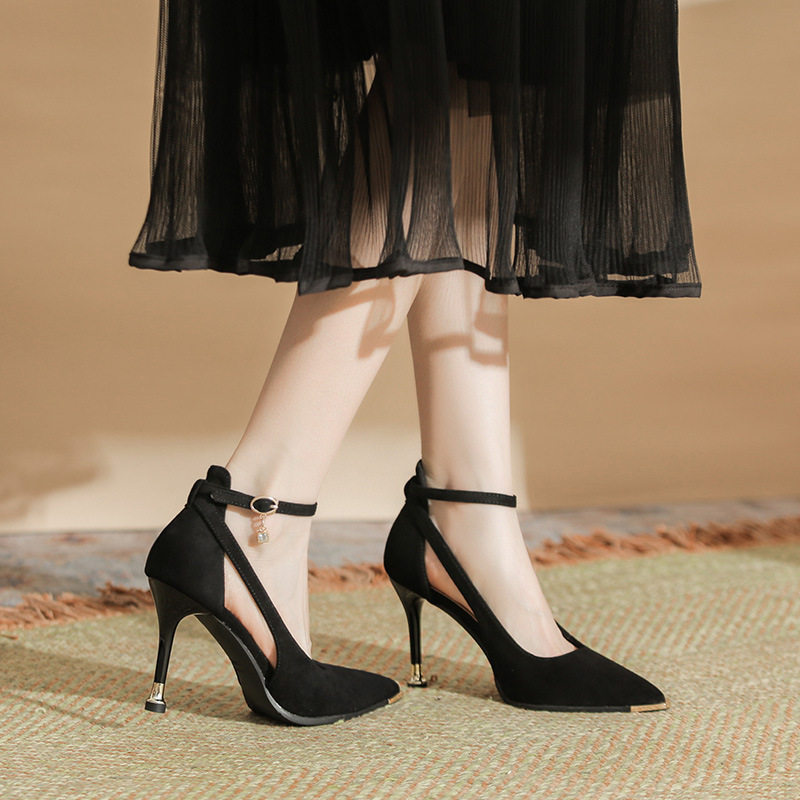 羊皮欧美纯色尖头浅口高跟鞋女细跟2025春夏新款百搭黑色绑带单鞋
