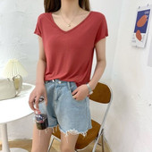 莫代尔女夏薄款 纯色简约休闲T恤V领无袖 内搭宽松显瘦打底百搭上衣