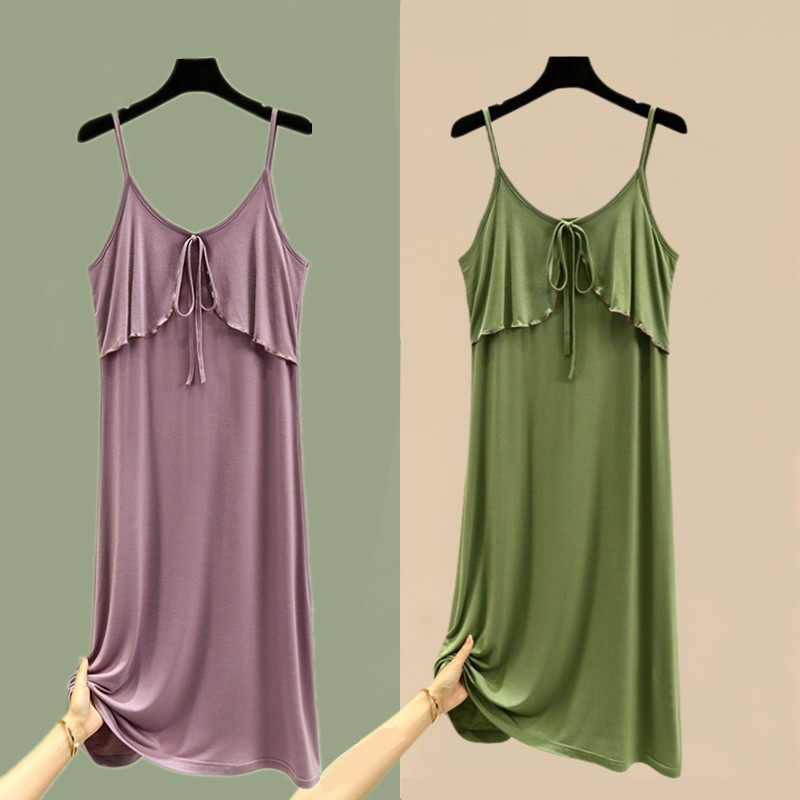 简约纯色小吊带女夏莫代尔长裙居家外穿百搭连衣裙圆领长裙A字裙