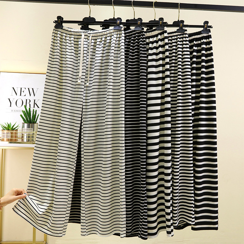 女夏季薄款人棉休闲裤宽松显瘦慵懒风外穿长裤睡裤黑白条纹阔腿裤