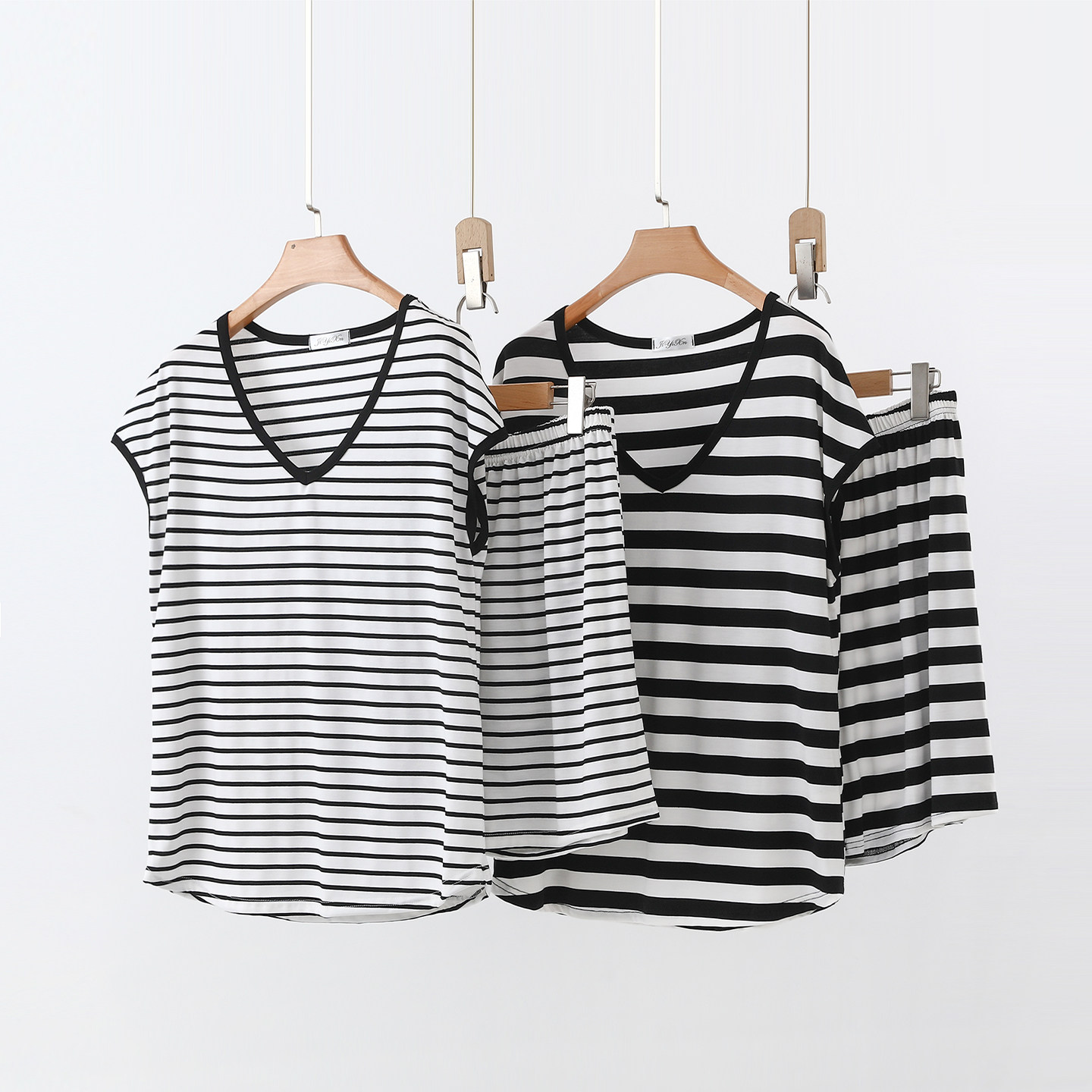 女士夏季内搭背心打底衫莫代尔黑白条纹V领无袖T恤短裤套装两件套