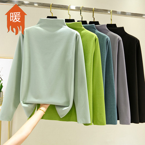 双面绒半高领内搭T恤修身德绒打底衫女秋冬加绒加厚休闲保暖上衣